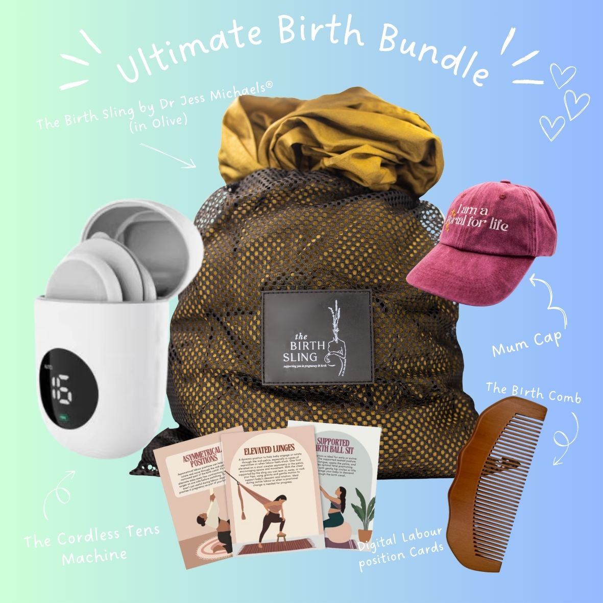 Ultimate Birth Bundle with products including the birth sling, cap, birth comb, labor position cards 